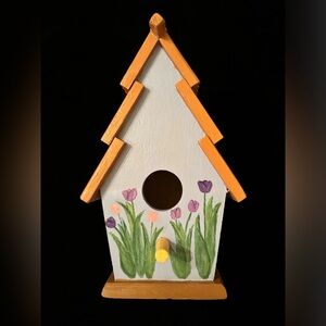 Hand painted Birdhouse. Wooden with a blue finish and tulips. 9”tall.